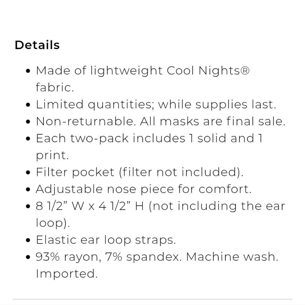 NWT Cool Nights Face Masks